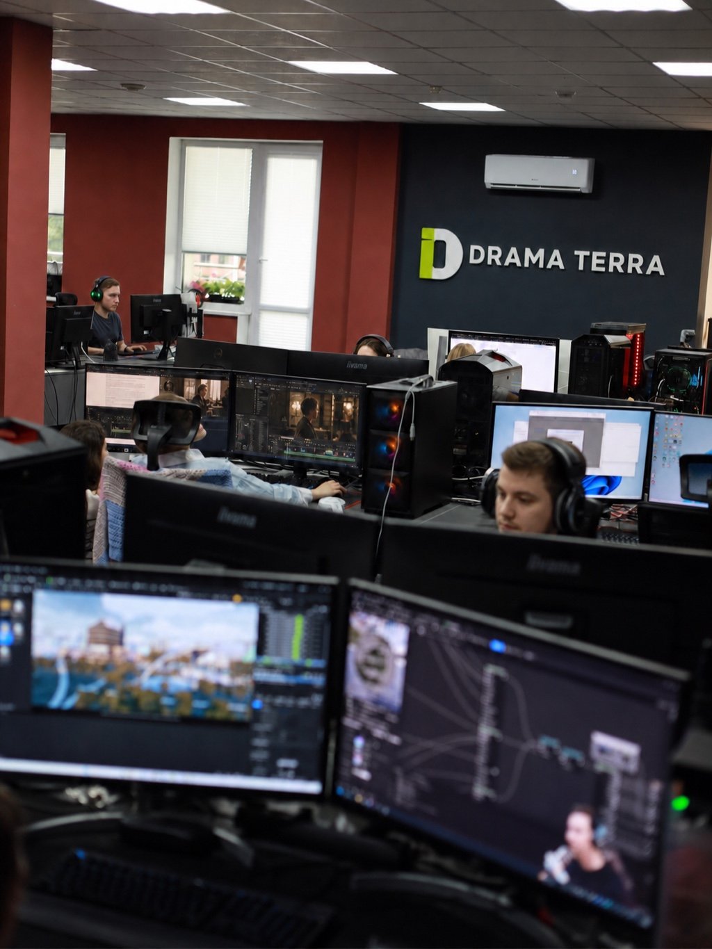 Drama Terra production floor with the team at editing and production workstations